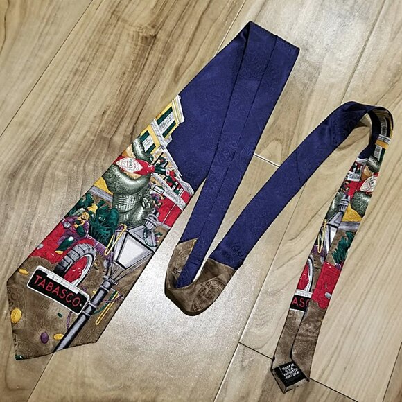 NWT Vintage 90s TABASCO 100% Silk Neck Tie Mardi Gras Alligator New Orleans - Picture 3 of 7